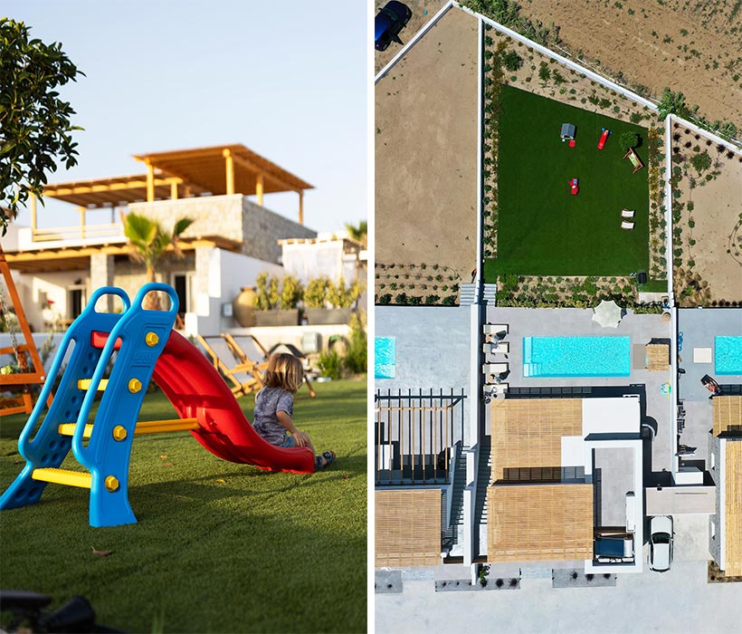 Collage featuring two images of the villa's outdoor area, showcasing a spacious yard with a pool and a slide for kids. Olives Seaside Villas, Plaka, Naxos