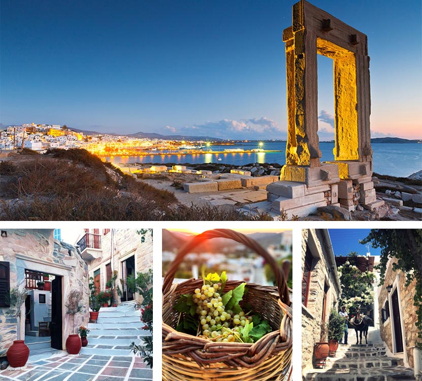 Collage showcasing the beauty of Naxos island, including scenic landscapes, historic sites, and cultural landmarks. Olives Seaside Villas, Plaka, Naxos