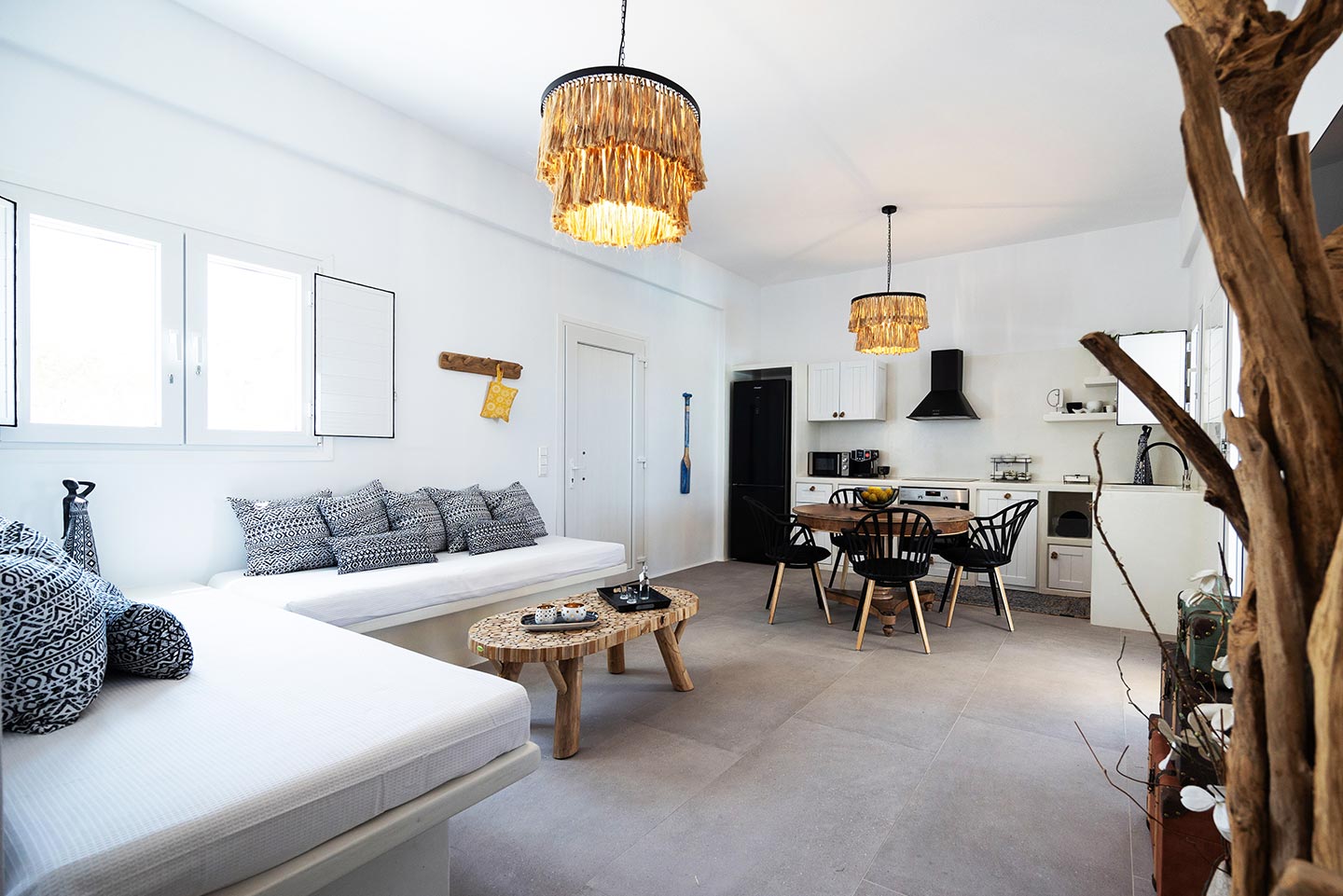 Interior of the villa in Naxos featuring additional beds in the kitchen area for extra guests. Olives Seaside Villas, Plaka, Naxos