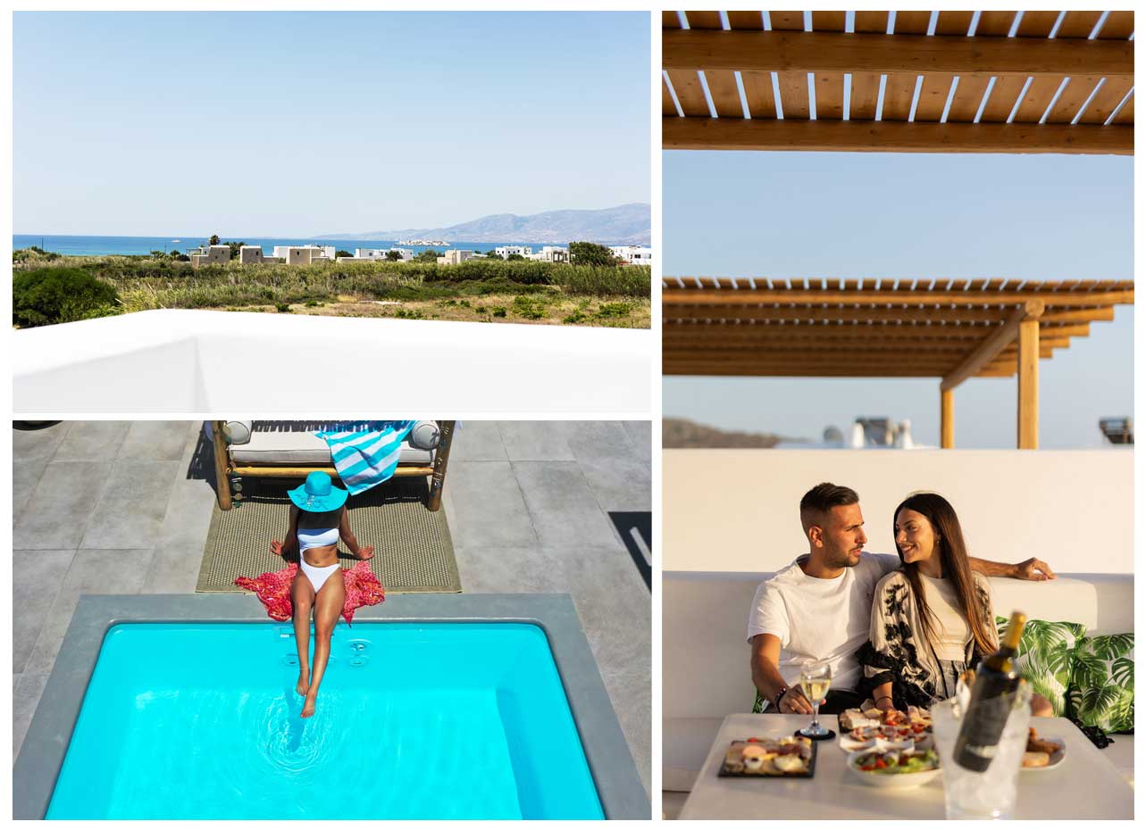 Modern villa with spacious outdoor living areas. Olives Seaside Villas, Plaka, Naxos